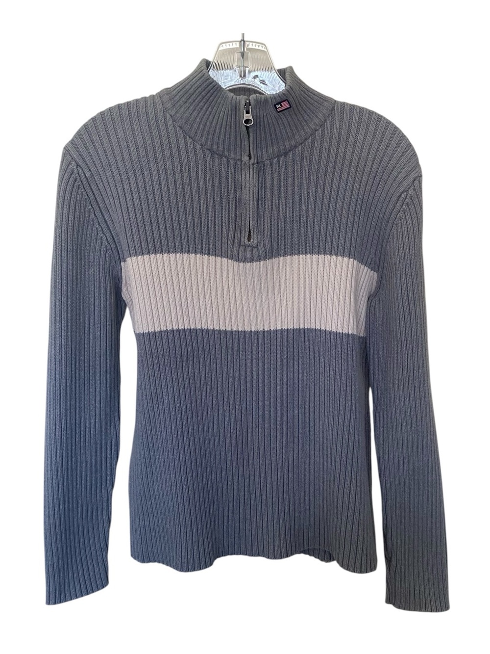 Ralph Lauren Gray Ribbed Half-Zip Sweater with Cream Stripe - Women 100% cotton